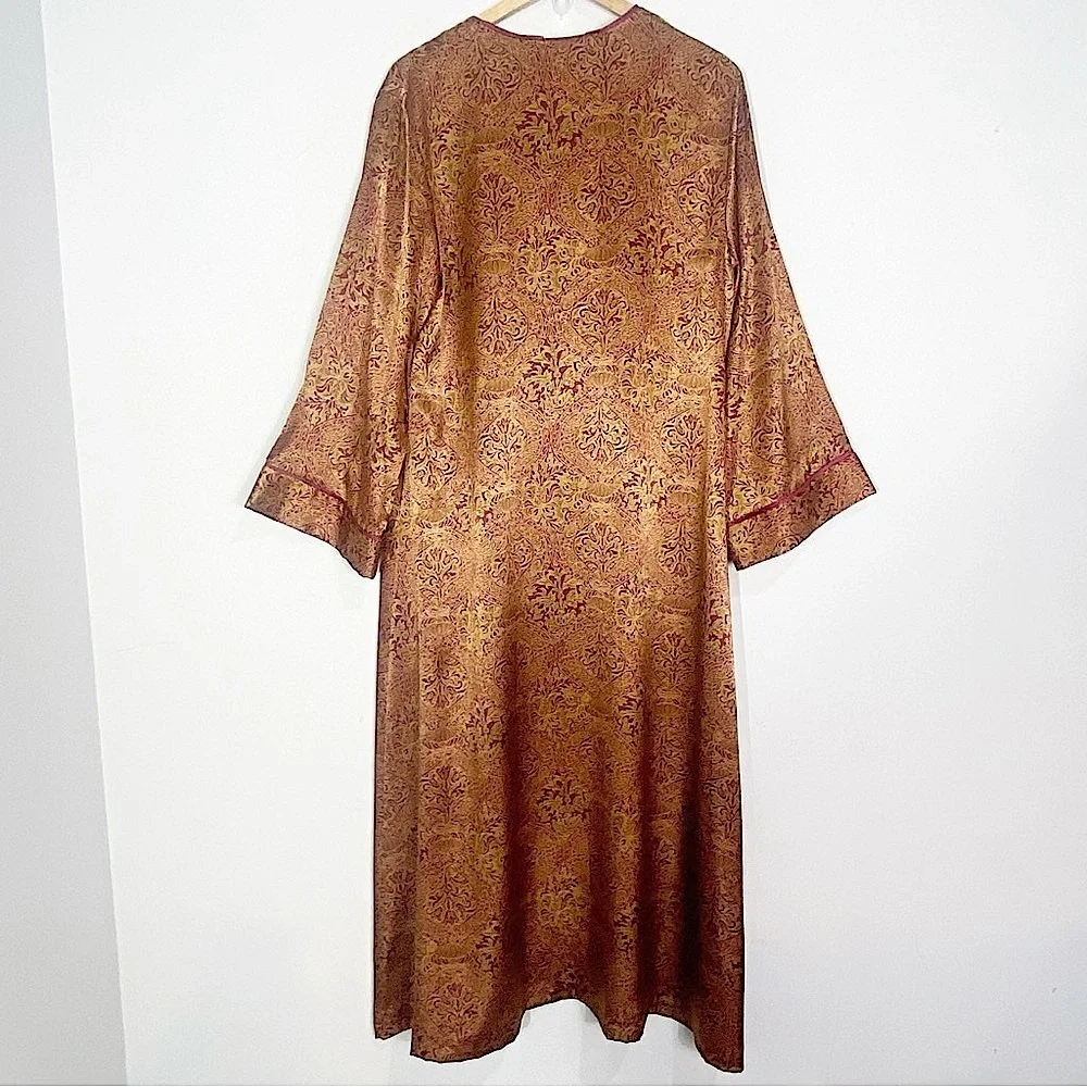 Vintage Natori Satin Paisley Printed 3/4 Sleeve Zip Front Kaftan Robe